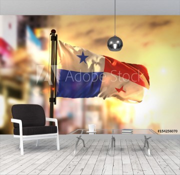 Picture of Panama Flag Against City Blurred Background At Sunrise Backlight
